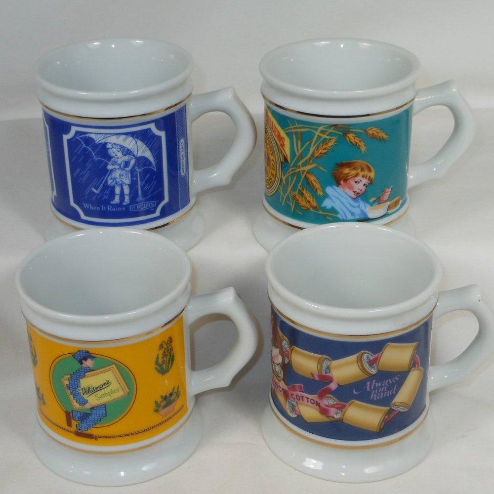 4 colorful coffee mugs. The Corner Store Collection. Made in Japan
